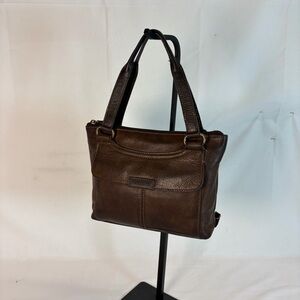 Fossil Genuine Leather Zip Organizer Tote Shoulder Bag Brown